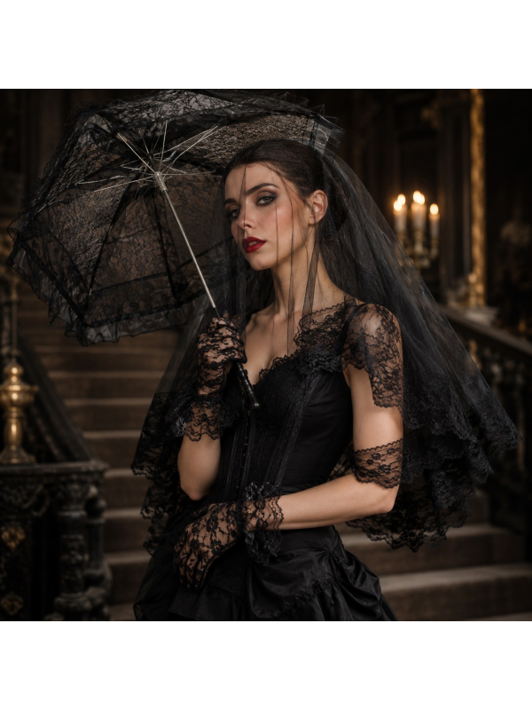 Kit dentelle Veuve Noire 3 pièces – Ombrelle, voile et gants noirs pour Halloween