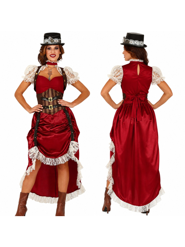Déguisement Femme Steampunk Rouge – Robe Victorienne Rétro Futuriste avec Chapeau