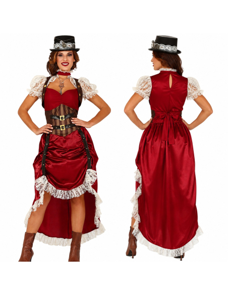 Déguisement Femme Steampunk Rouge – Robe Victorienne Rétro Futuriste avec Chapeau