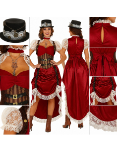 Déguisement Femme Steampunk Rouge – Robe Victorienne Rétro Futuriste avec Chapeau 2