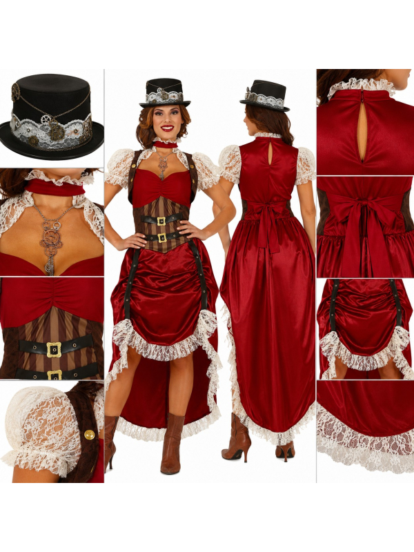 Déguisement Femme Steampunk Rouge – Robe Victorienne Rétro Futuriste avec Chapeau