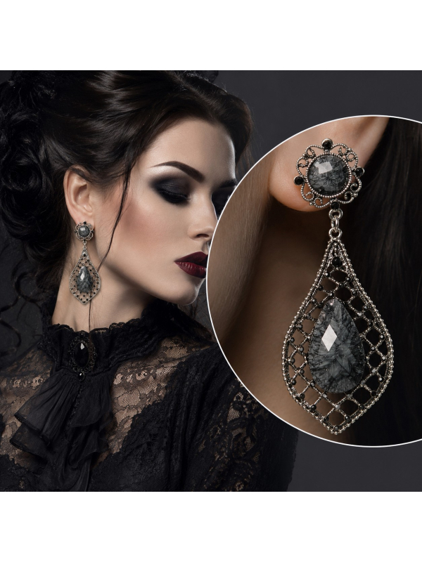 Boucles d’oreilles gothiques noir et argent – Bijou femme pour reine, vampire ou sorcière