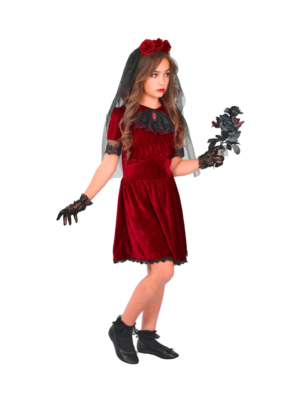 Déguisement Mariée Vampire Gothique Fille – Robe Rouge Velours & Voile Noir