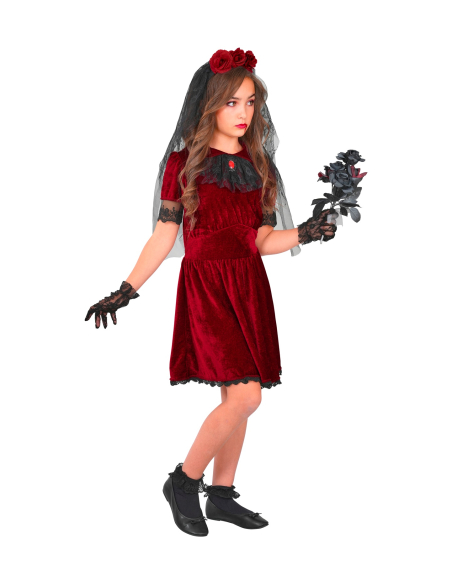 Déguisement Mariée Vampire Gothique Fille – Robe Rouge Velours & Voile Noir
