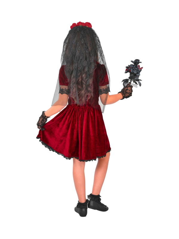 Déguisement Mariée Vampire Gothique Fille – Robe Rouge Velours & Voile Noir