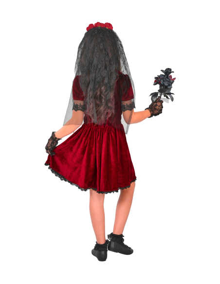 Déguisement Mariée Vampire Gothique Fille – Robe Rouge Velours & Voile Noir