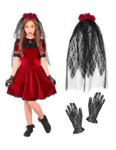 Déguisement Mariée Vampire Gothique Fille – Robe Rouge Velours & Voile Noir 2