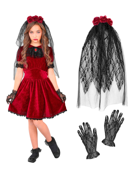 Déguisement Mariée Vampire Gothique Fille – Robe Rouge Velours & Voile Noir