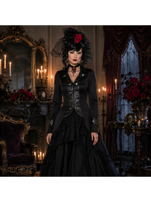 Veste Gothique Victorienne Femme – Redingote Noire Halloween & Steampunk