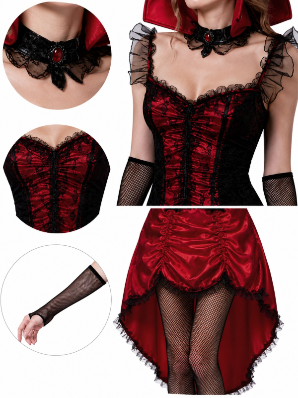 Robe Cabaret Gothique Rouge Femme – Costume Burlesque Vampiresse 3 Pièces