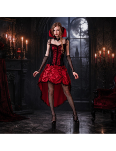 Robe Cabaret Gothique Rouge Femme – Costume Burlesque Vampiresse 3 Pièces