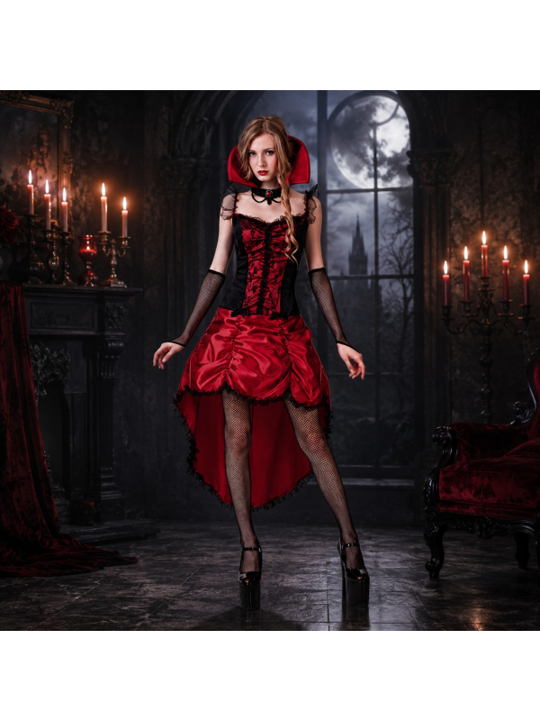 Robe Cabaret Gothique Rouge Femme – Costume Burlesque Vampiresse 3 Pièces