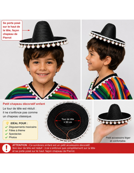Chapeau Mexicain enfant - 30 cm - 3 couleurs au choix