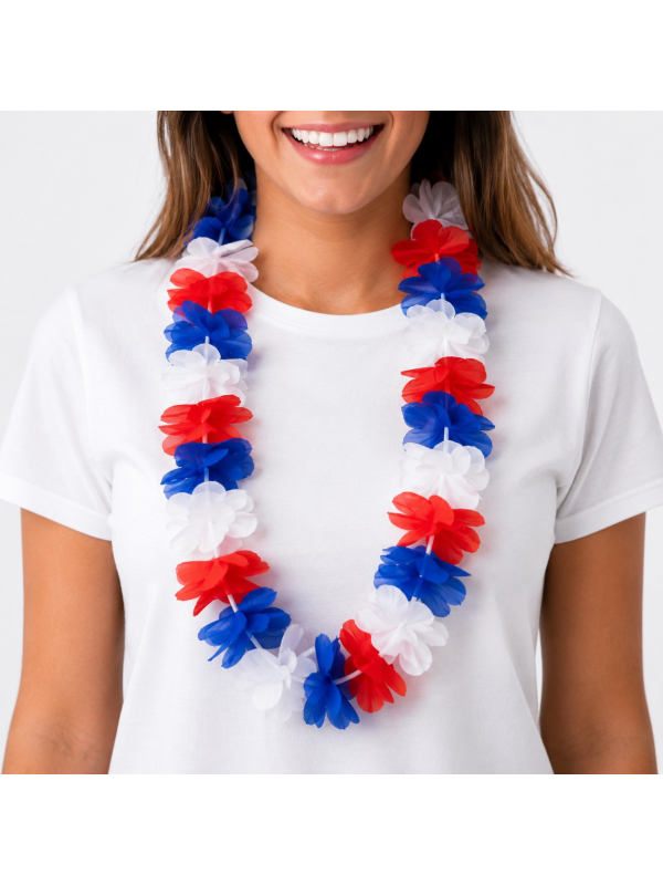 Collier Hawaï Supporter France – 24 Fleurs Bleu Blanc Rouge Ø 86 cm