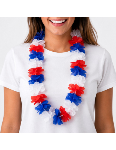 Collier Hawaï Supporter France – 24 Fleurs Bleu Blanc Rouge Ø 86 cm