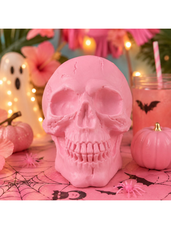 Crâne Rose Décoratif 18 cm – Déco Summerween & Halloween Pastel