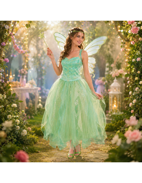 Costume Fée Verte Femme avec ailes (Robe, bandeau, ailes)
