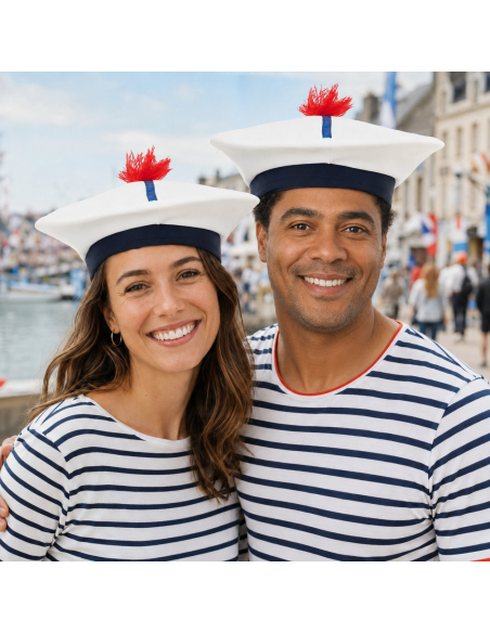 Bachi marin français blanc à pompon rouge – Adulte