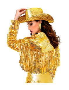 Veste cowgirl à paillettes dorées et franges femme – S à XL 2