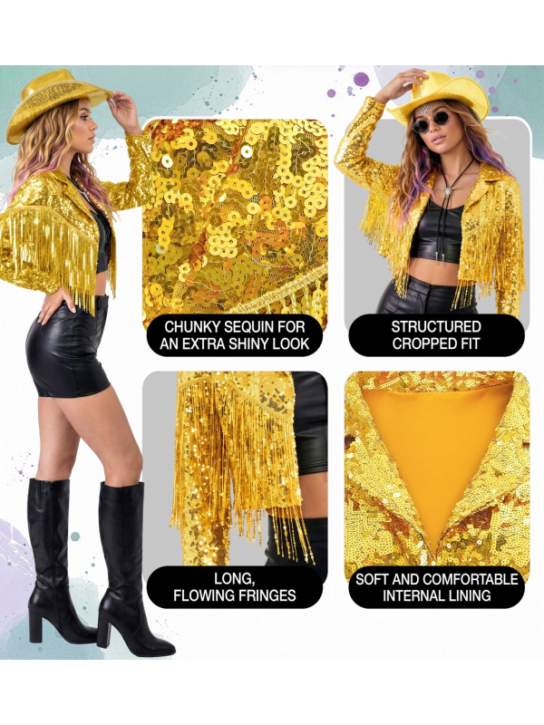 Veste cowgirl à paillettes dorées et franges femme – S à XL
