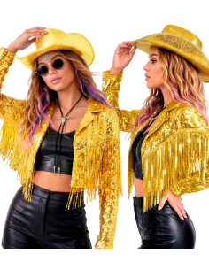 Veste cowgirl à paillettes dorées et franges femme – S à XL