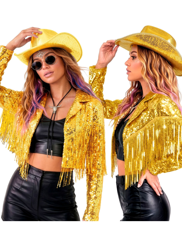 Veste cowgirl à paillettes dorées et franges femme – S à XL