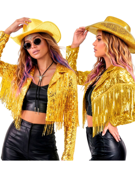 Veste cowgirl à paillettes dorées et franges femme – S à XL