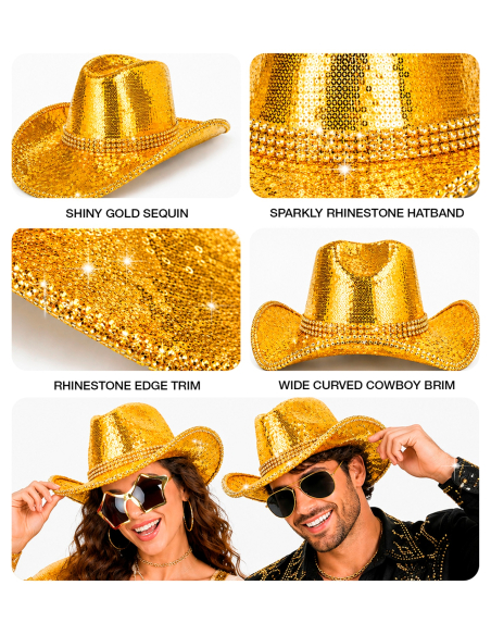 Chapeau cowboy doré à paillettes adulte – Taille unique