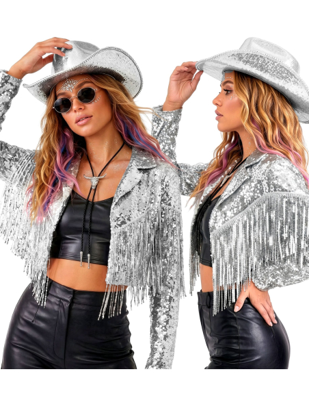 Veste cowgirl argentée à paillettes et franges femme – S à XL