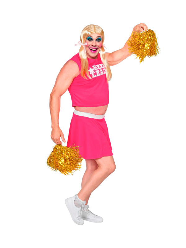 Déguisement pom-pom girl homme Beer Leader avec poitrine et pompons