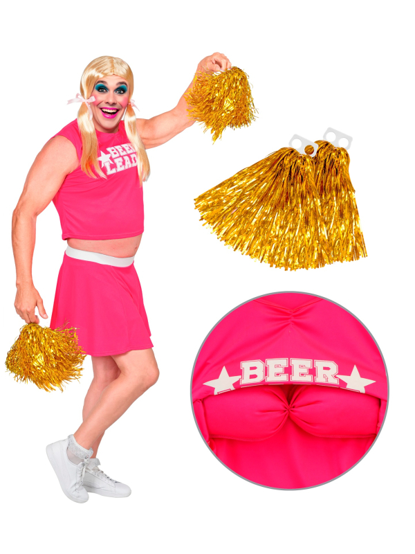 Déguisement pom-pom girl homme Beer Leader avec poitrine et pompons