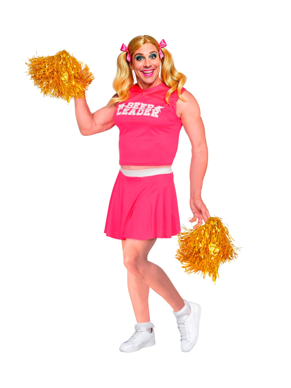 Déguisement pom-pom girl homme Beer Leader avec poitrine et pompons