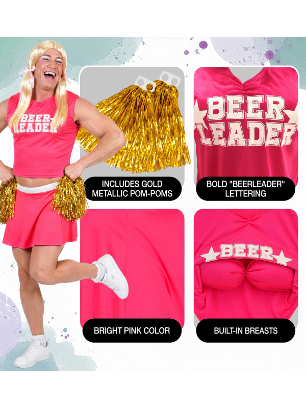Déguisement pom-pom girl homme Beer Leader avec poitrine et pompons