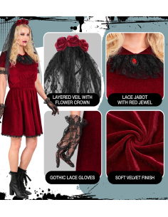 Déguisement mariée vampire femme rouge et noir – Robe, voile et gants 2