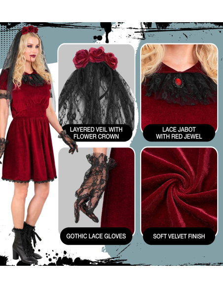 Déguisement mariée vampire femme rouge et noir – Robe, voile et gants