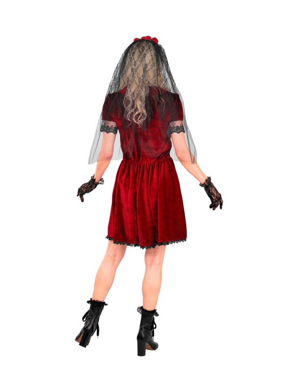 Déguisement mariée vampire femme rouge et noir – Robe, voile et gants