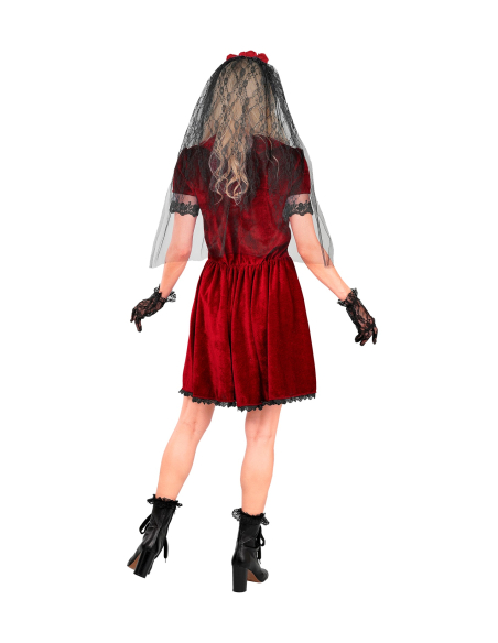Déguisement mariée vampire femme rouge et noir – Robe, voile et gants
