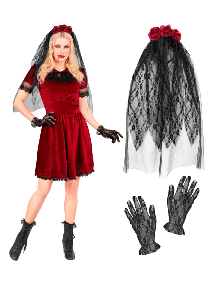 Déguisement mariée vampire femme rouge et noir – Robe, voile et gants