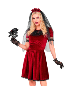 Déguisement mariée vampire femme rouge et noir – Robe, voile et gants