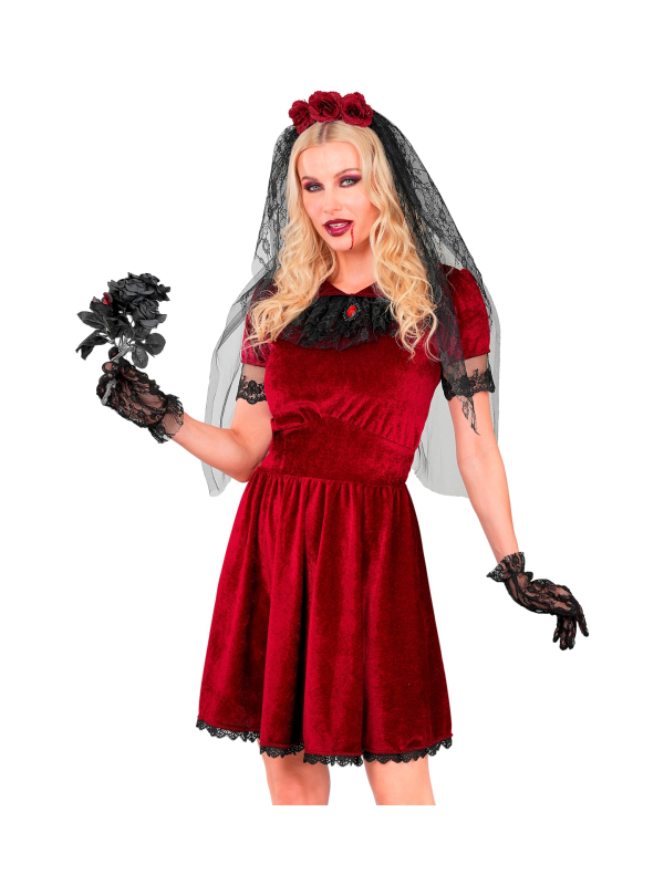 Déguisement mariée vampire femme rouge et noir – Robe, voile et gants