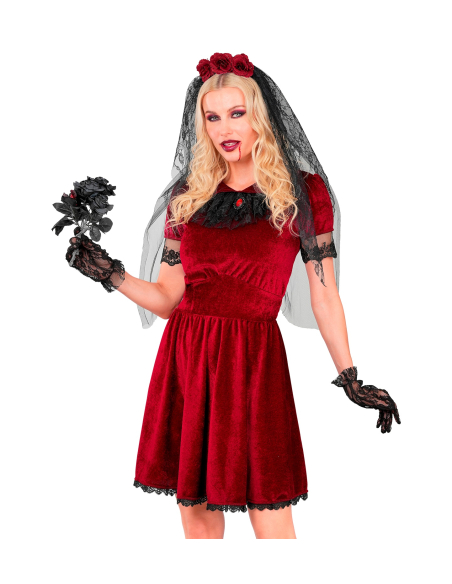 Déguisement mariée vampire femme rouge et noir – Robe, voile et gants