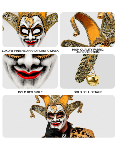 Masque bouffon vénitien adulte noir et doré avec coiffe 2