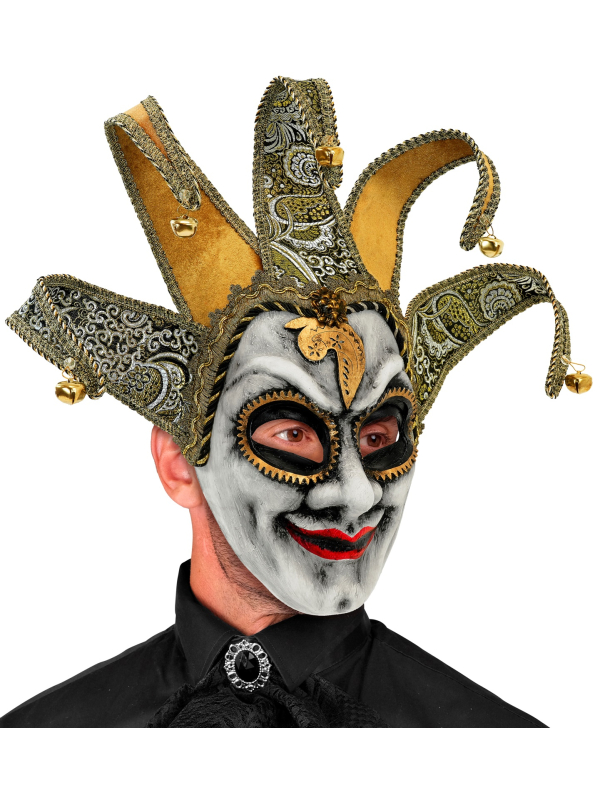 Masque bouffon vénitien adulte noir et doré avec coiffe