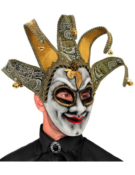Masque bouffon vénitien adulte noir et doré avec coiffe