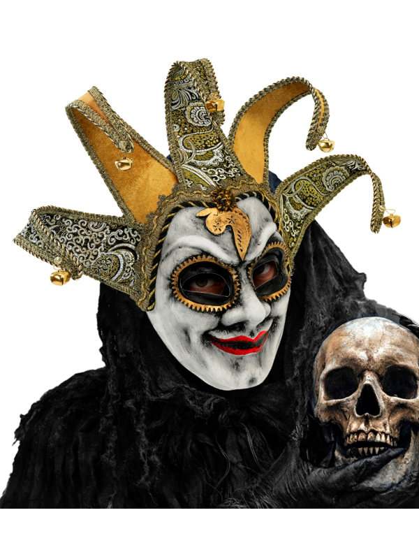 Masque bouffon vénitien adulte noir et doré avec coiffe
