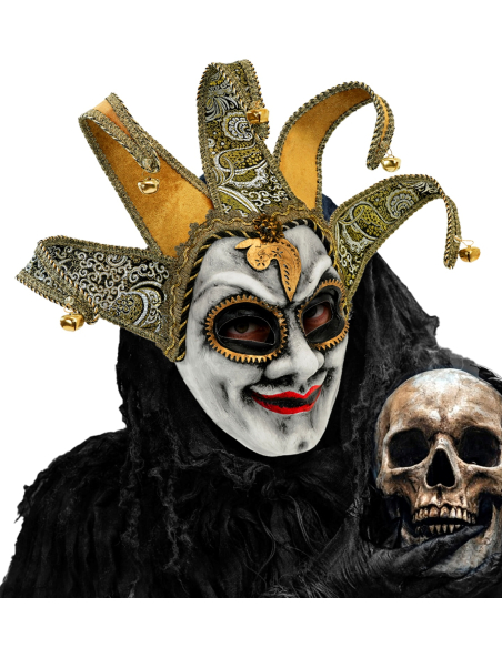 Masque bouffon vénitien adulte noir et doré avec coiffe