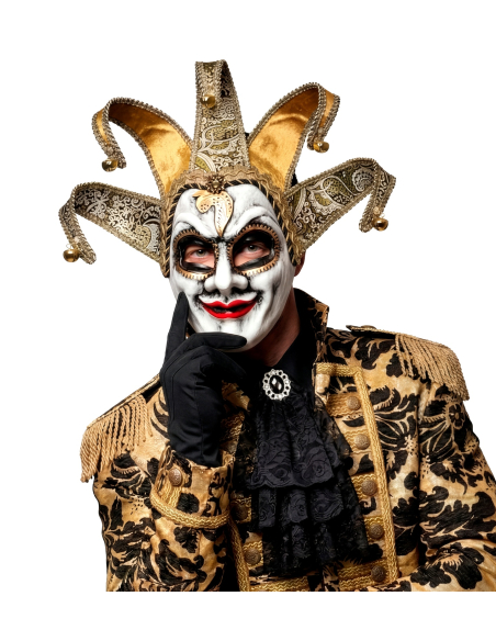 Masque bouffon vénitien adulte noir et doré avec coiffe