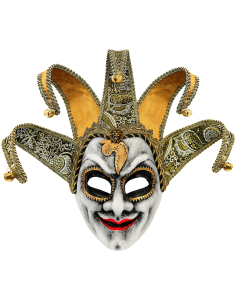 Masque bouffon vénitien adulte noir et doré avec coiffe