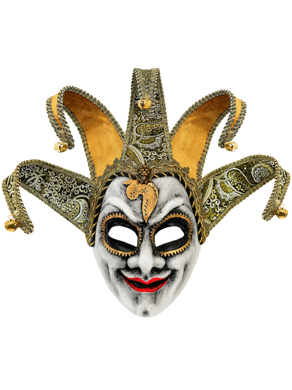 Masque bouffon vénitien adulte noir et doré avec coiffe