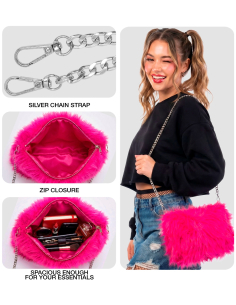 Sac à main rose fuchsia en fausse fourrure avec chaîne 2